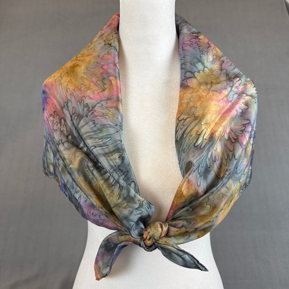 Vintage Silk Square Scarf Womens OS Multicolor Hand Painted Abstract Floral Art - Picture 2 of 10